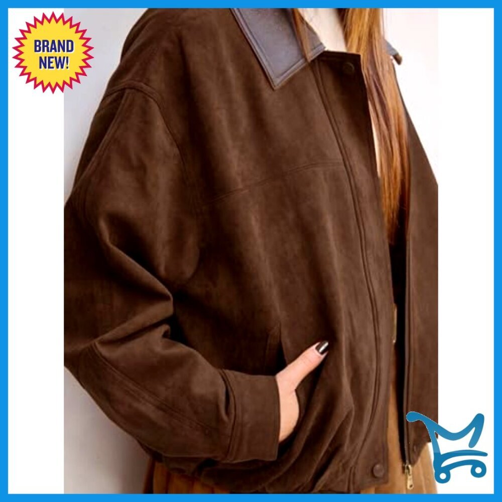 Oversized Faux Suede Bomber Jacket Cropped Lapel Zip Up Streetwear - Picture 3 of 6